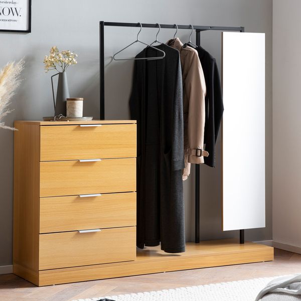 Garderobe Eiche 145 cm Kleiderschrank Schubläden Kleiderstange Spiegel