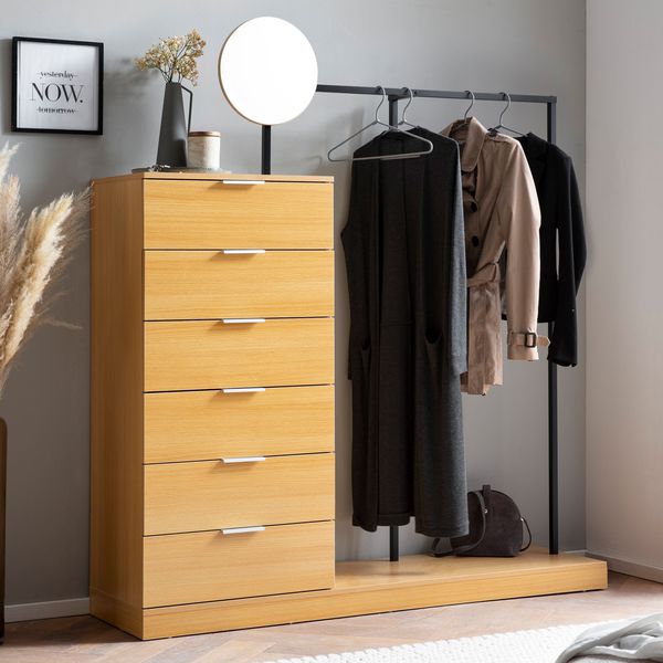 Garderobe Eiche 145 cm Kleiderschrank Schubläden Kleiderstange Spiegel