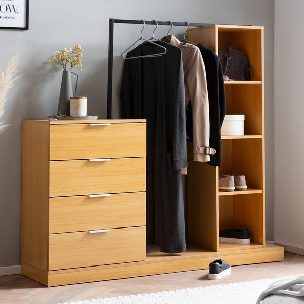 Garderobe Eiche 145 cm Kleiderschrank Schubläden Kleiderstange Regal