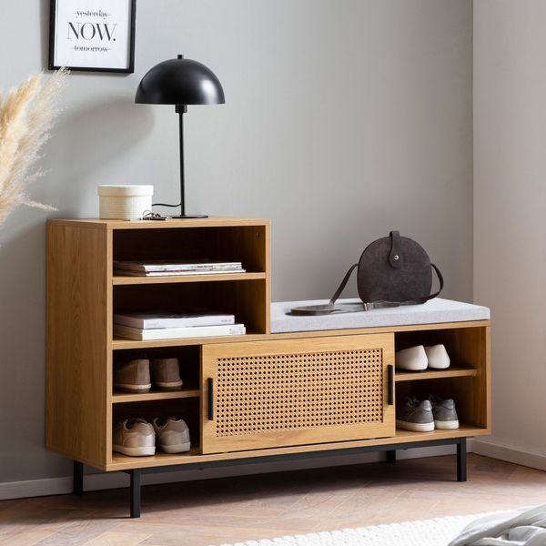 Schuhbank 120cm Garderobe mit Sitzbank Wiener Geflecht Schuhregal Eiche