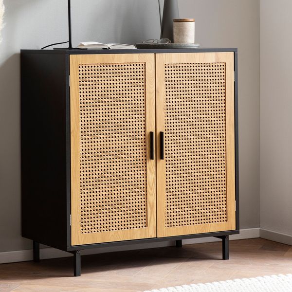 Sideboard 80 cm Anrichte Kommodenschrank Schwarz mit Wiener Geflecht