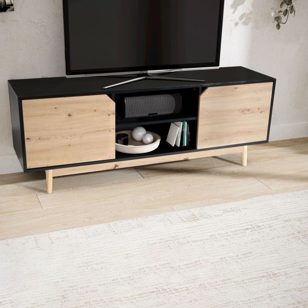 Lowboard 150 cm TV Schrank Fernsehkommode Fernsehschrank Schwarz Eiche