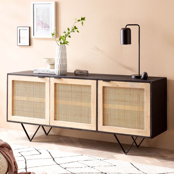 Sideboard 175x75x45 cm Massivholz Rattan Anrichte Kommodenschrank
