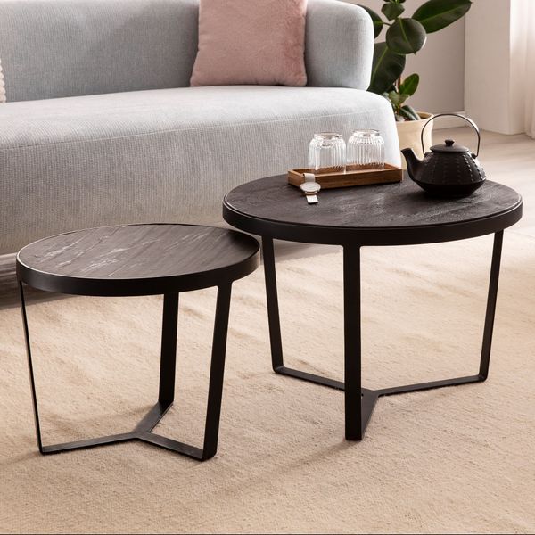 Couchtisch 2er Set Rund Holz / Steinoptik Wohnzimmertisch Satztisch