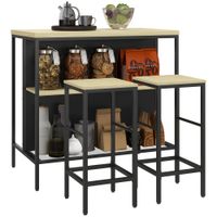 Bartisch mit Barhocker Set, Küchentisch mit 2 Barhocker, Stahl, Eiche