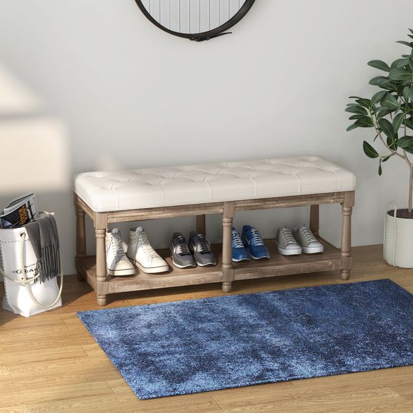 Schuhbank mit Sitzfläche, Schuhregal mit Stauraum, Vintage-Design Creme