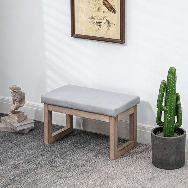 Fußbank Fußhocker Polsterhocker mit Leinenoptik, Sitzhocker mit Holzbeine