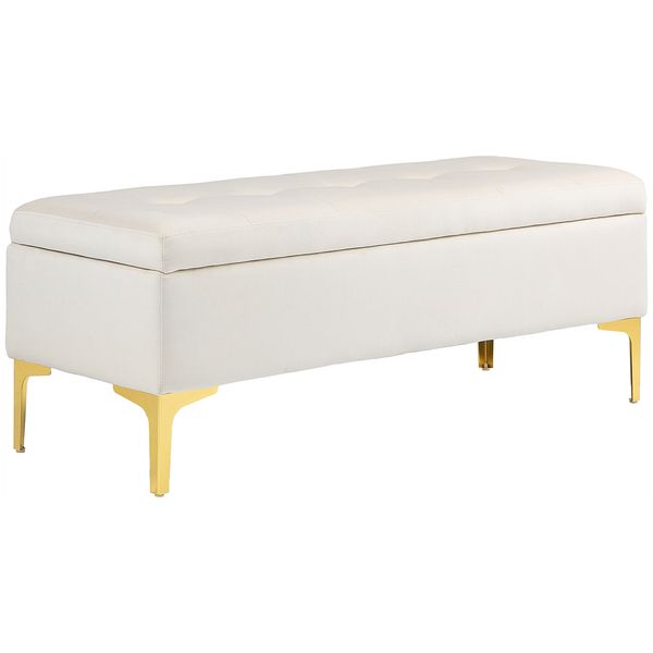 Sitzbank mit Stauraum, Polsterbank mit Samtoptik, Metallbeine, Beige