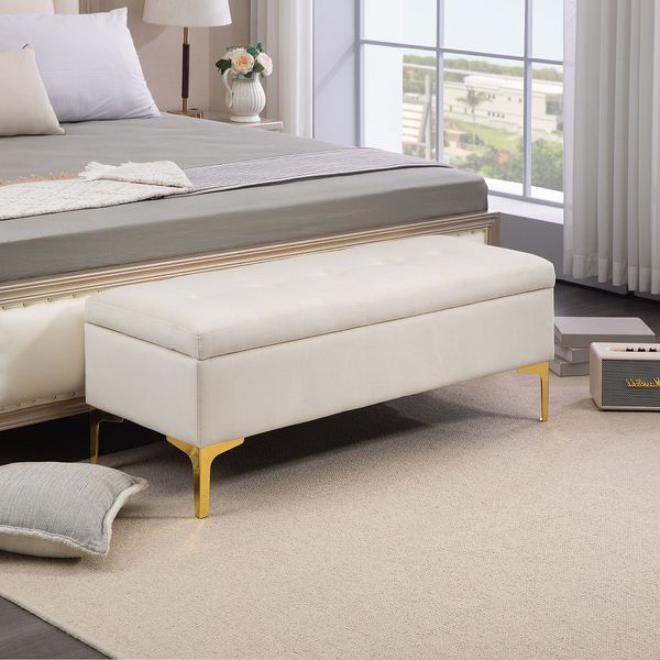 Sitzbank mit Stauraum, Polsterbank mit Samtoptik, Metallbeine, Beige