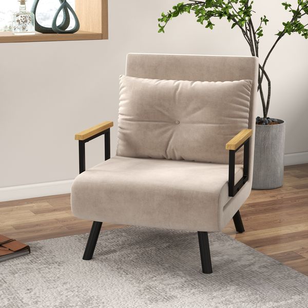 Schlafsessel, Einzelsofa mit Bettfunktion, Relaxsessel mit Rückenkissen Beige