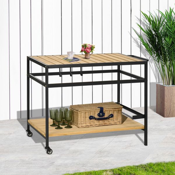 Servierwagen, Barbecue Trolley mit 2 Regalen Haken für Garten, Balkon