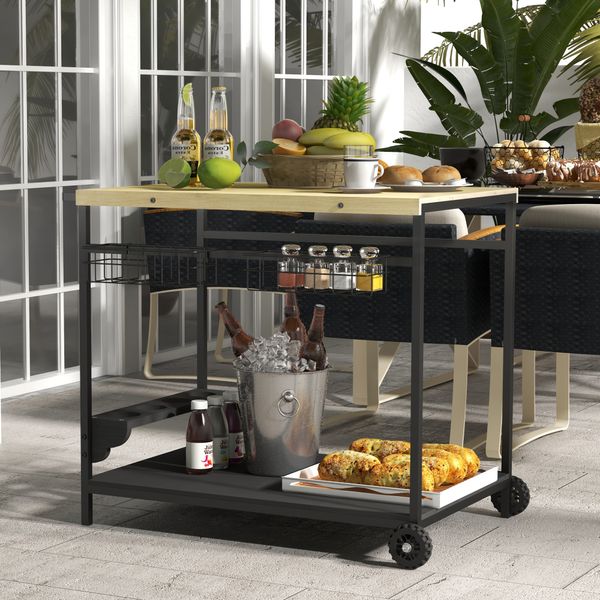 Servierwagen Barbecue Trolley Gartenrollwagen mit 2 Ebenen Natur