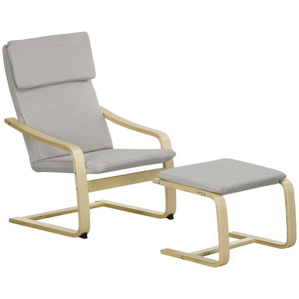 Relaxsessel mit Hocker, Armlehnen, Leinenoptik, Holzgestell, Hellgrau