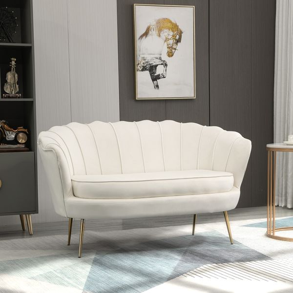 2 Sitzer Sofa Couch, gepolsterter Polstersofa mit Armlehne Samtopik Creme