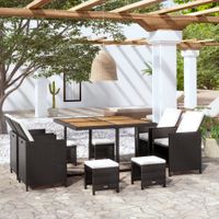 19tlg. Dining-Set mit Holztischplatte inkl. Polsterauflagen aus Poly-Rattan - Schwarz/Creme