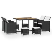 Gartenmöbel 19tlg. Dining-Set mit Holztischplatte inkl. Polsterauflagen aus Poly-Rattan, schwarz-creme