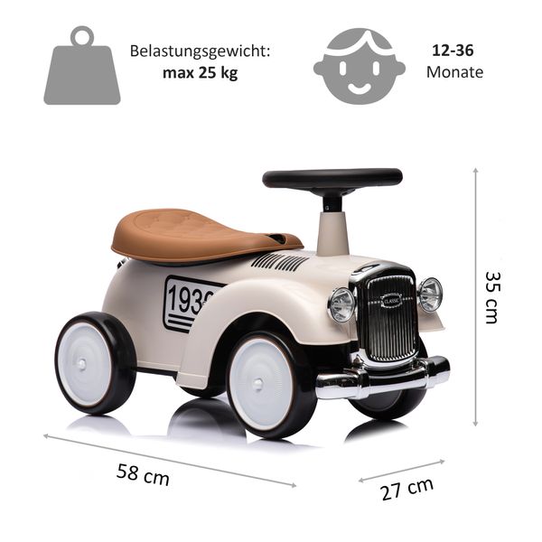 Rutschauto ab 1 Jahr, Kinderauto im Retrodesign weiß, Kinderfahrzeug mit Hupe