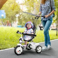 6-in-1 Dreirad mit Schubstange, Kinderdreirad mit Sonnendach, Korb,  Weiß