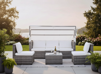 Rattan Lounge Set Nola, mit Sonnendach inkl. Kissen und Beistelltisch, ca. 209 x72 x72cm- Hellgrau