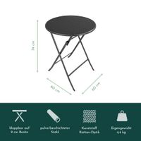 Klapptisch rund, Rattan-Optik, 60 cm, Balkontisch, klappbar, schwarz