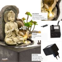 Zimmerbrunnen mit LED-Beleuchtung und Buddha, Feng Shui Dekobrunnen mit kleinem ZEN Garten