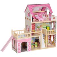 AIYAPLAY Puppenhaus, 3 Etagen, 13 Möbelstücke, Garage, Rutschen &amp; Balkon, Rosa
