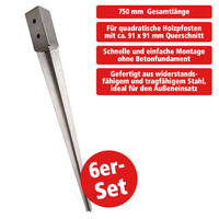 6er Set Einschlagbodenhülse, ca. 91 x 91 mm / 750 mm Gesamtlänge