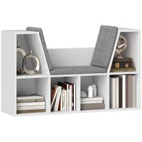 HOMCOM Bücherregal mit Sitzkissen, Aufbewahrungsregal mit 6 Fächern, Leinenoptik, Weiß