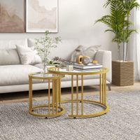 HOMCOM Couchtisch 2er-Set Stapelbar Beistelltisch mit Stahlgestell für Büro Gold