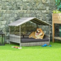 PawHut Rattan Hundehaus Hundebett mit Kissen Hausform Outdoor Hundehütte Grau
