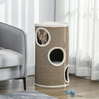 PawHut Kratztonne, Katzenkratzbaum mit 3 Höhlen, Spieltonne für Katzen, Braun