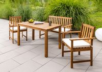 Garten Dining Set mit Bank und 2 Stühlen, ca. 125 x 75 cm – Braun mit weißen Kissen