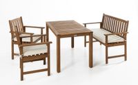 Garten Dining Set mit Bank und 2 Stühlen, ca. 125 x 75 cm – Braun mit weißen Kissen
