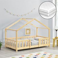 Kinderbett Treviolo 80x160 cm mit Matratze,  Lattenrost und Gitter Holz Natur