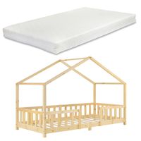 Kinderbett Treviolo 90x200 cm mit Kaltschaummatratze und Gitter Holz Natur