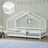 Kinderbett Knätten 80x160 cm mit Rausfallschutz + Lattenrost + Kaltschaummatratze Weiß