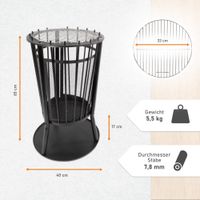 Feuerkorb mit Grillgitter und Funkenschutz, Robuste Feuerschale 65cm hoch