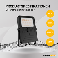 Solarstrahler mit Sensor, LED-Fluter, 24 h Lichtzeit, 10 W, 1500 lm, 4000 K (neutralweiß)