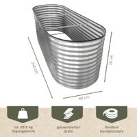 Hochbeet Metall 240x80x78cm oval, silber, Pflanzbeet wetterfest, Gartenbeet
