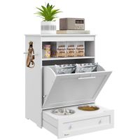 Haustier-Futterschrank Tierfutterschrank mit 2 Edelstahlnäpfen, 3 Haken, Weiß