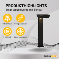 Solar Wegeleuchte mit PIR Sensor, eckig, 3000 K (warmweiß), 12 Stunden Leuchtzeit, 3 Lichtmodi