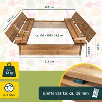 Sandkasten Holz 115x114cm mit Abdeckung und Sitzbänken, braun imprägniert
