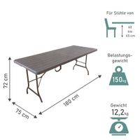 Gartentisch in Holzoptik braun, Klapptisch 180x75 cm, Buffettisch bis 150 kg belastbar
