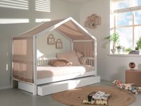 VIPACK - FAGUS weiß Hausbett mit Textil, 90x200cm inkl. Lattenrost, Bettschublade, Buche massiv