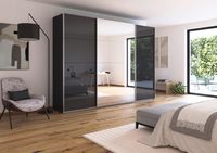 rauch Quadra Kleiderschrank 3-türig, mit Spiegel und Glastüren, Farbe Grau metallic Breite 315 cm