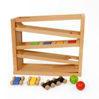 Holz Kugelbahn Buche, Autorennbahn ab 2 Jahren mit 3 Autos und 2Kugeln