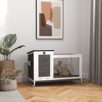 Kaninchenstall aus Holz Hasenstall mit Freilaufgehege Rädern Klappdach Grau