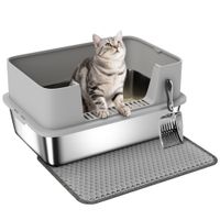 Katzentoilette Edelstahl Offene Katzenklo mit Schaufel hohem Rand Matte Grau