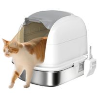 Katzenklo Edelstahl mit Deckel, Katzentoilette mit Wanne, Streuschaufel, Weiß