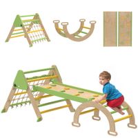 8-in-1 Montessori Klettergerüst Holz Kletterdreieck mit Kletterbogen Rutsche